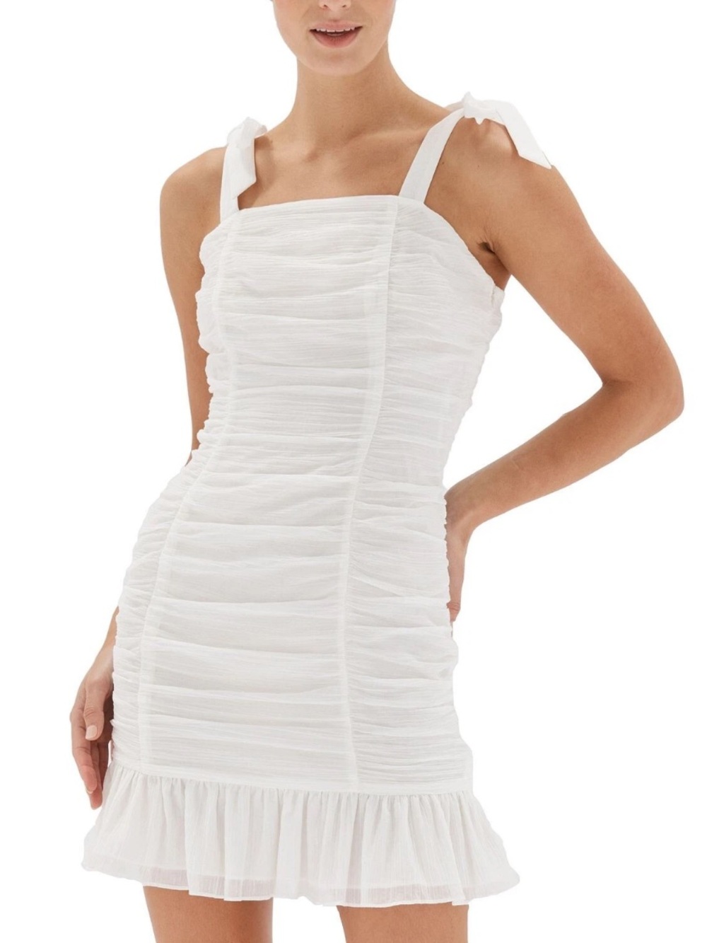 MINKPINK Revolve White Cotton Ruched Tie-Shoulder Mini Dress